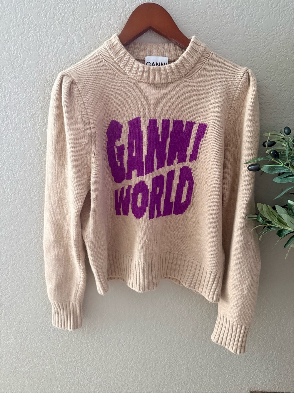 GANNI World Logo Wool Blend Crewneck Sweater Beige Purple Size L